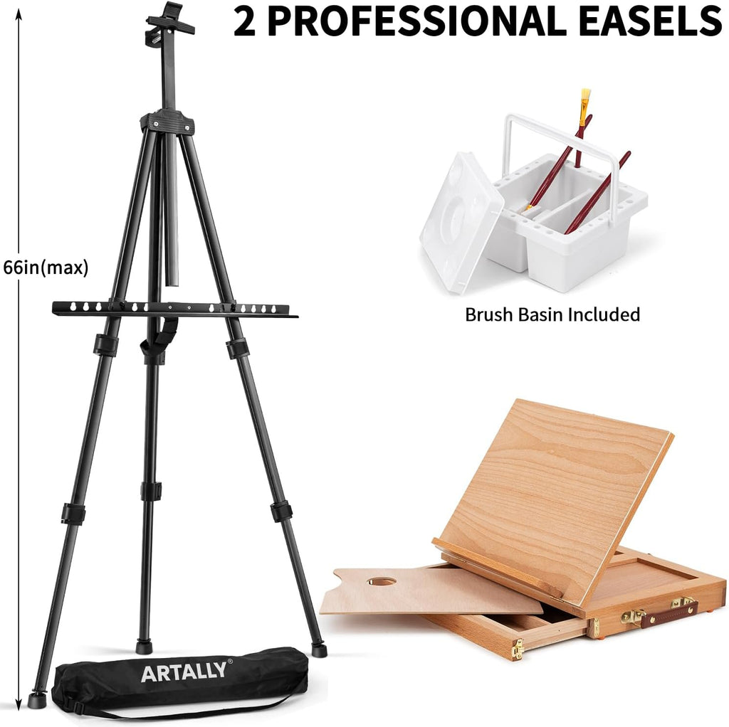 Professionelles 187-teiliges All-in-One-Malset mit Staffelei aus Aluminium und Buchenholz, 96 Acryl-, Aquarell- und Ölfarben, komplettes Malset für Erwachsene, Künstler und Anfänger