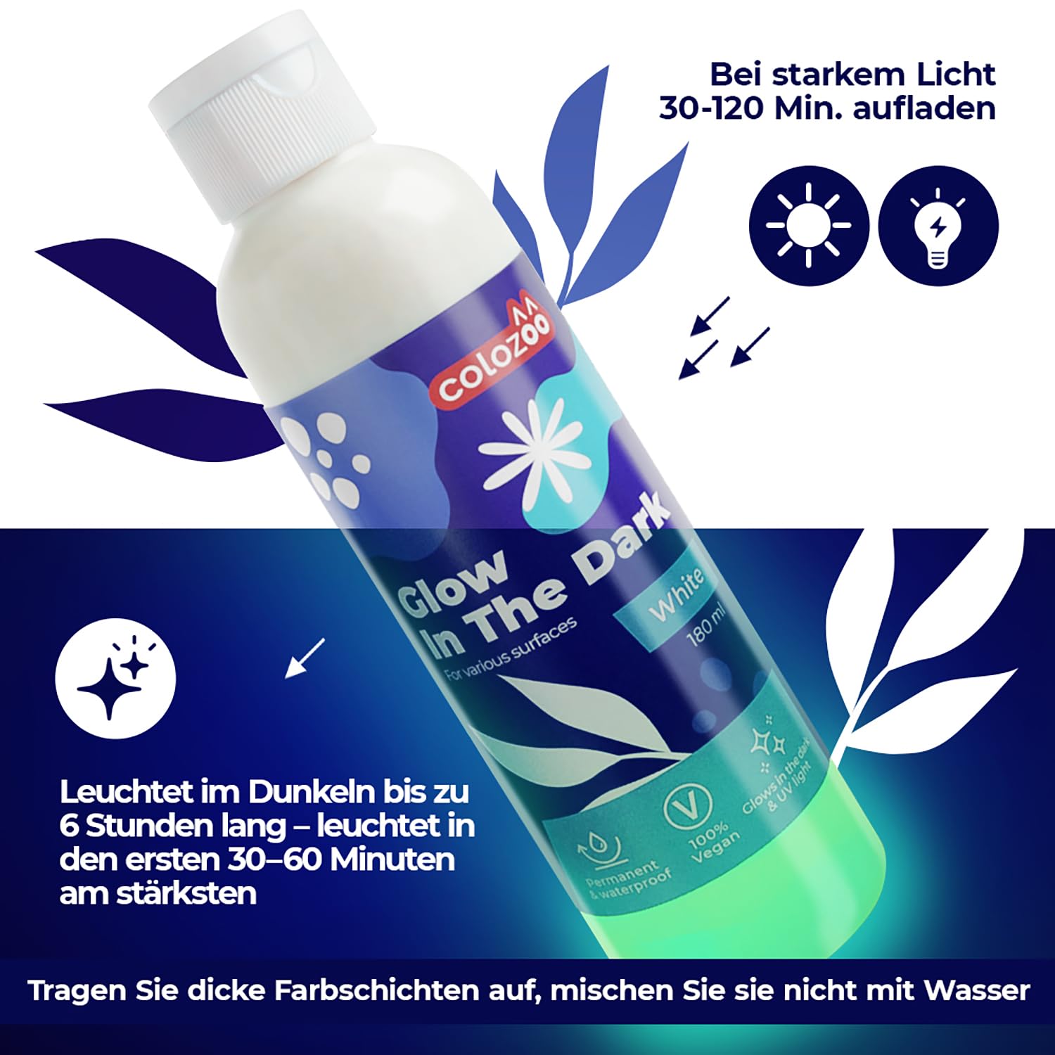 Glow in the Dark Acryl Farben Set | 8x20ml Fluoreszierende Farbe + 3 Pinsel | Die Nachtleuchtend Acrylfarben sind Dauerhaft auf jede Oberflächen