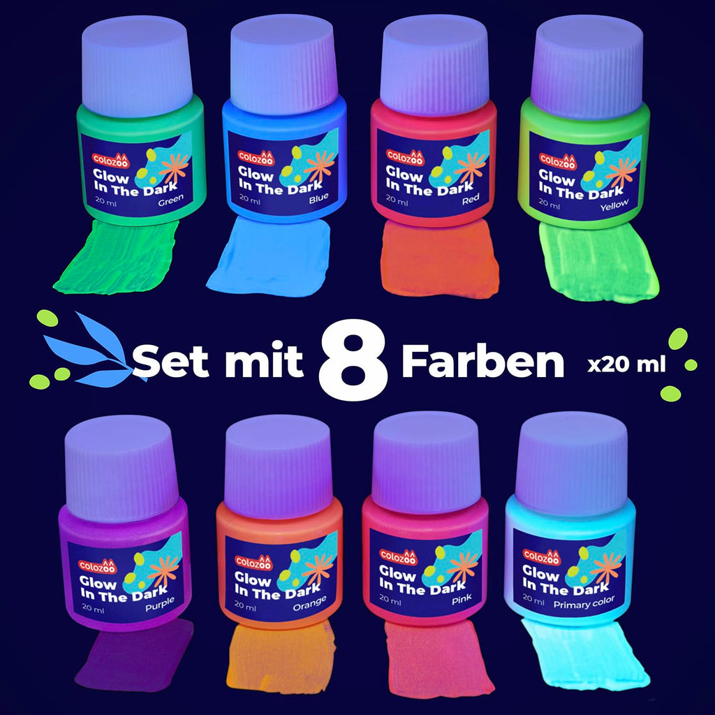 Glow in the Dark Acryl Farben Set | 8x20ml Fluoreszierende Farbe + 3 Pinsel | Die Nachtleuchtend Acrylfarben sind Dauerhaft auf jede Oberflächen