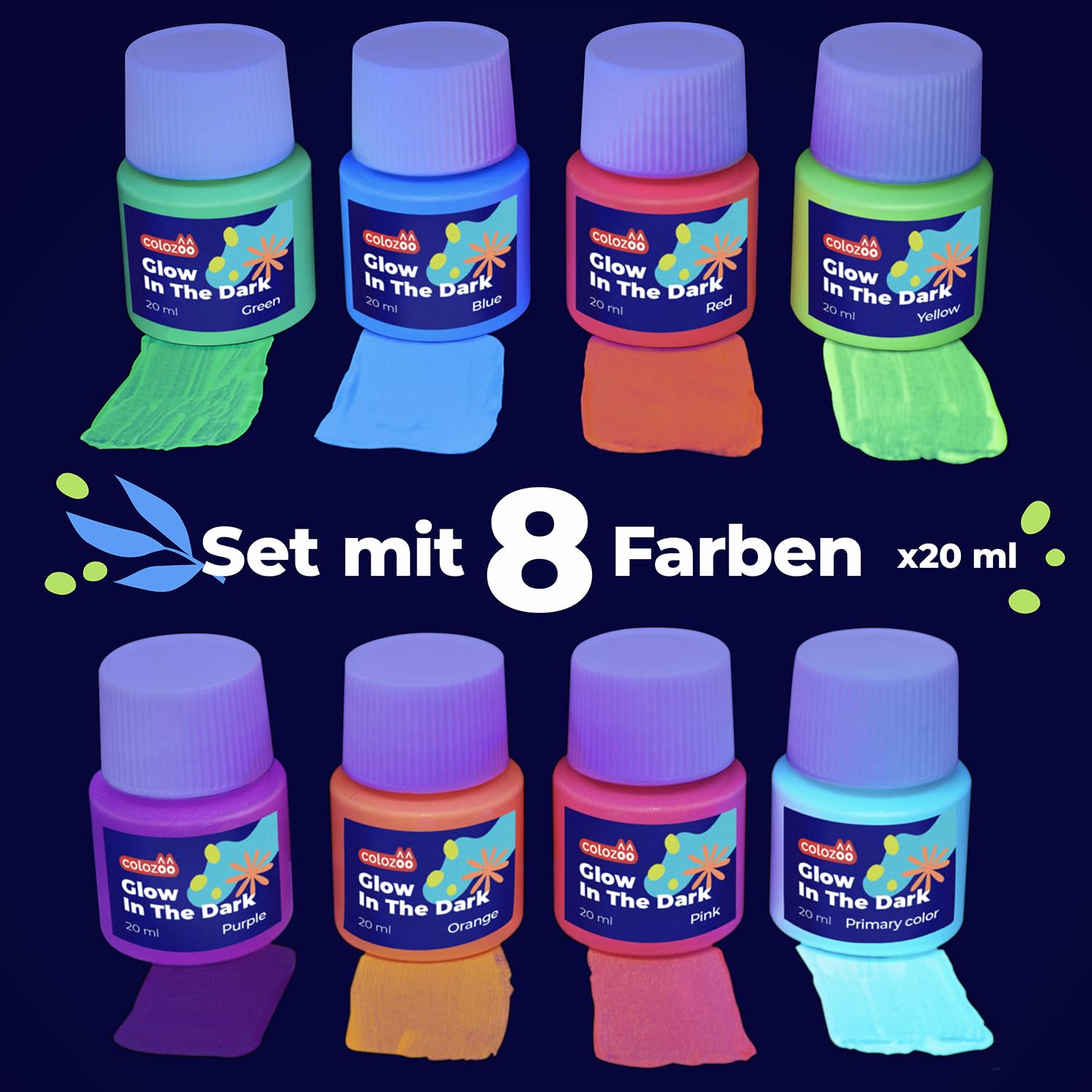 Glow in the Dark Acryl Farben Set | 8x20ml Fluoreszierende Farbe + 3 Pinsel | Die Nachtleuchtend Acrylfarben sind Dauerhaft auf jede Oberflächen