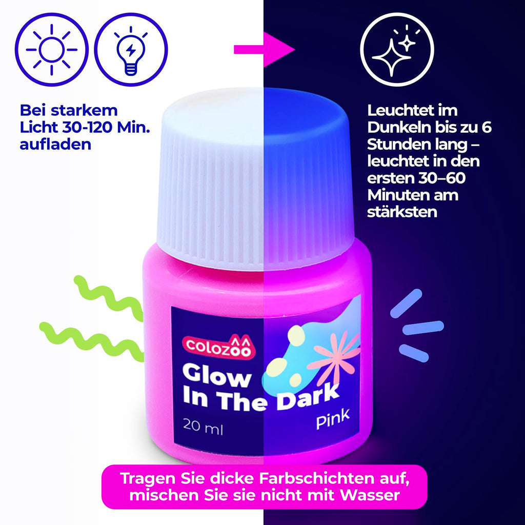 Glow in the Dark Acryl Farben Set | 8x20ml Fluoreszierende Farbe + 3 Pinsel | Die Nachtleuchtend Acrylfarben sind Dauerhaft auf jede Oberflächen