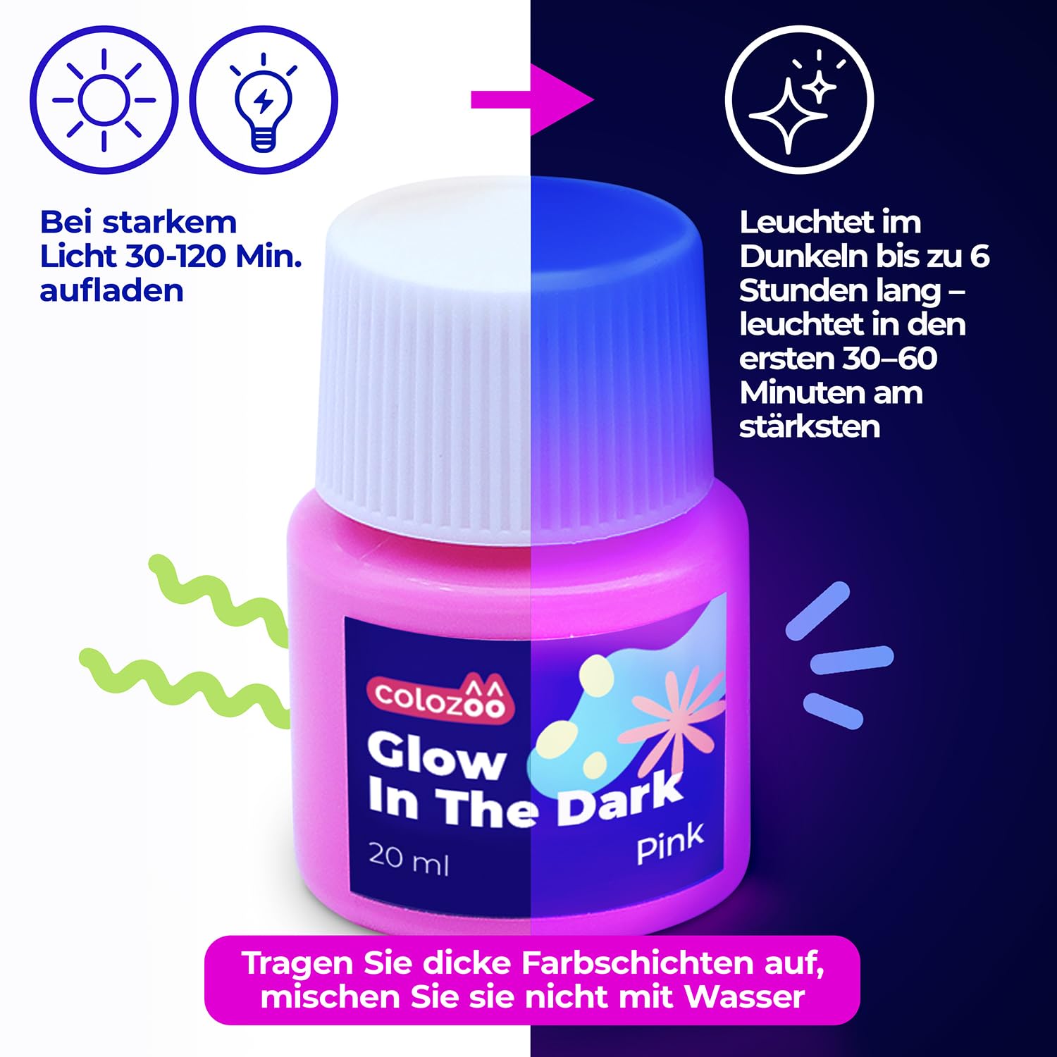 Glow in the Dark Acryl Farben Set | 8x20ml Fluoreszierende Farbe + 3 Pinsel | Die Nachtleuchtend Acrylfarben sind Dauerhaft auf jede Oberflächen