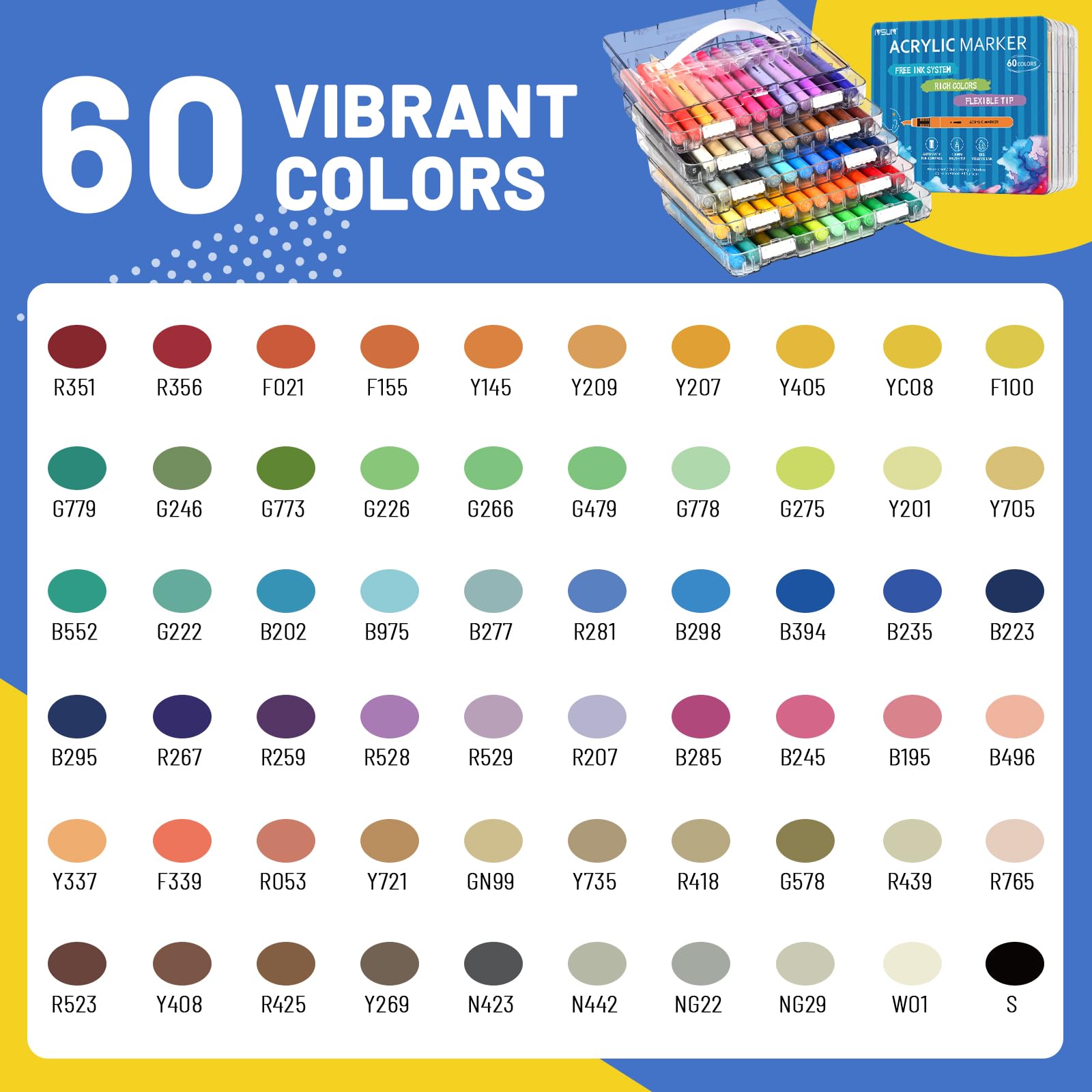 IVSUN 60 Farben Acrylstifte für Steine Wasserfest - Acrylmarker mit feine Spitze und Pinsel für Steine Bemalen Holz Leinwand Keramik Glas, 1-5mm Multimarker Acrylfarben Stifte Set
