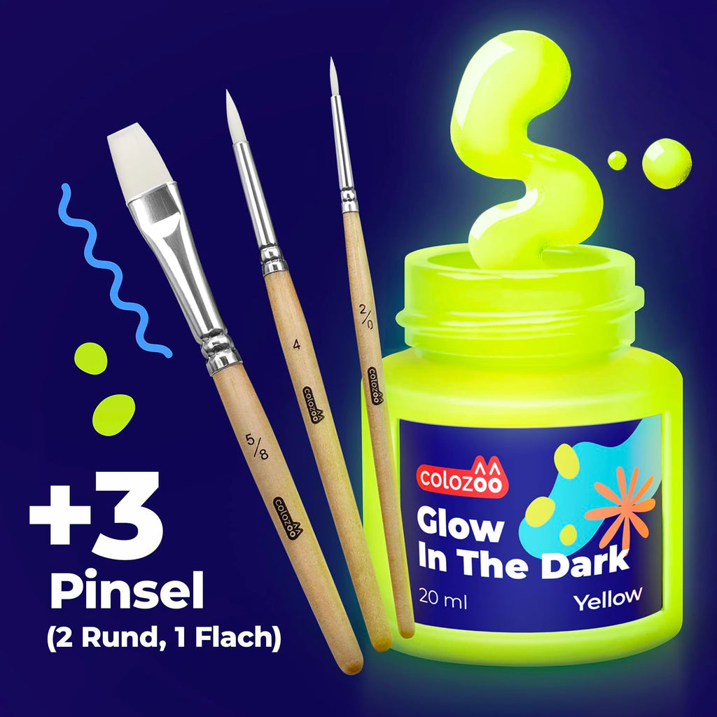 Glow in the Dark Acryl Farben Set | 8x20ml Fluoreszierende Farbe + 3 Pinsel | Die Nachtleuchtend Acrylfarben sind Dauerhaft auf jede Oberflächen