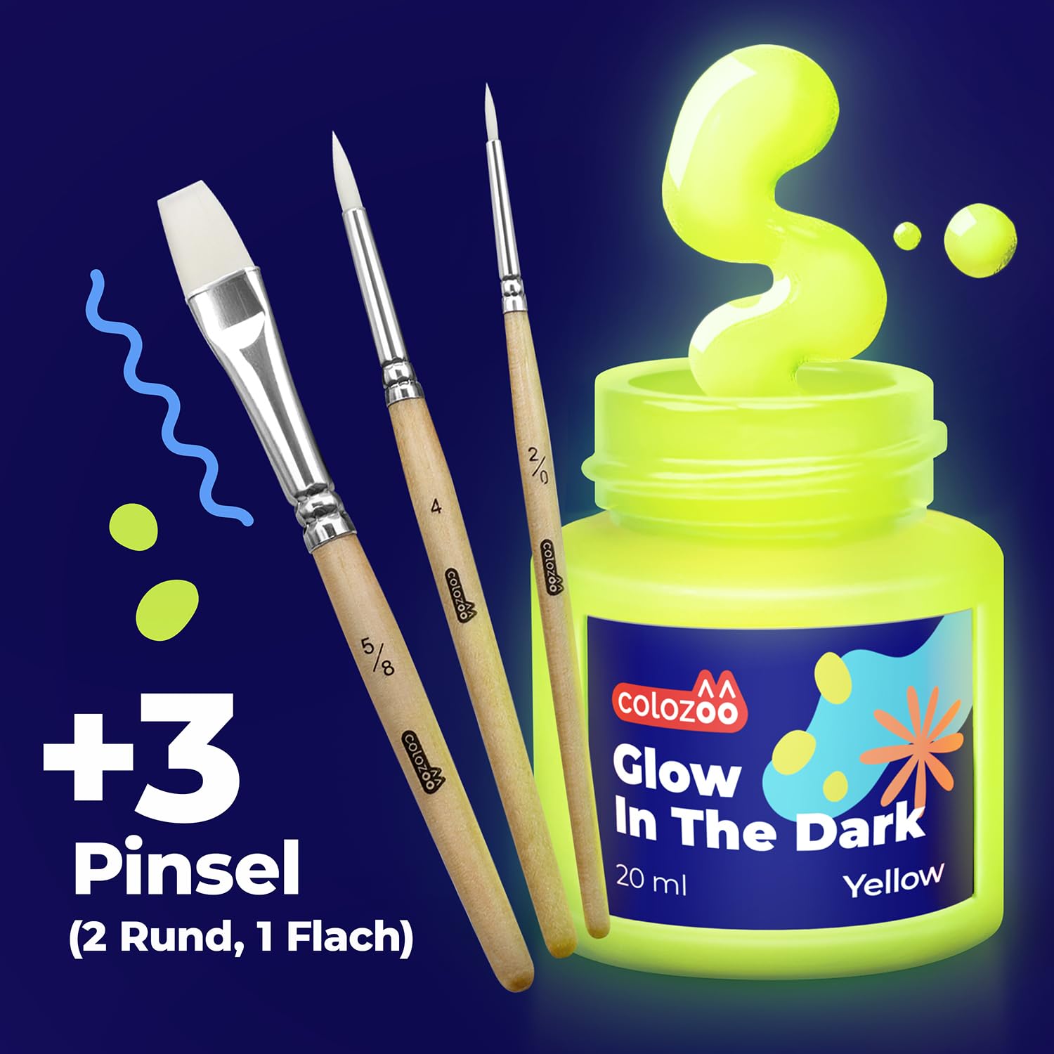 Glow in the Dark Acryl Farben Set | 8x20ml Fluoreszierende Farbe + 3 Pinsel | Die Nachtleuchtend Acrylfarben sind Dauerhaft auf jede Oberflächen