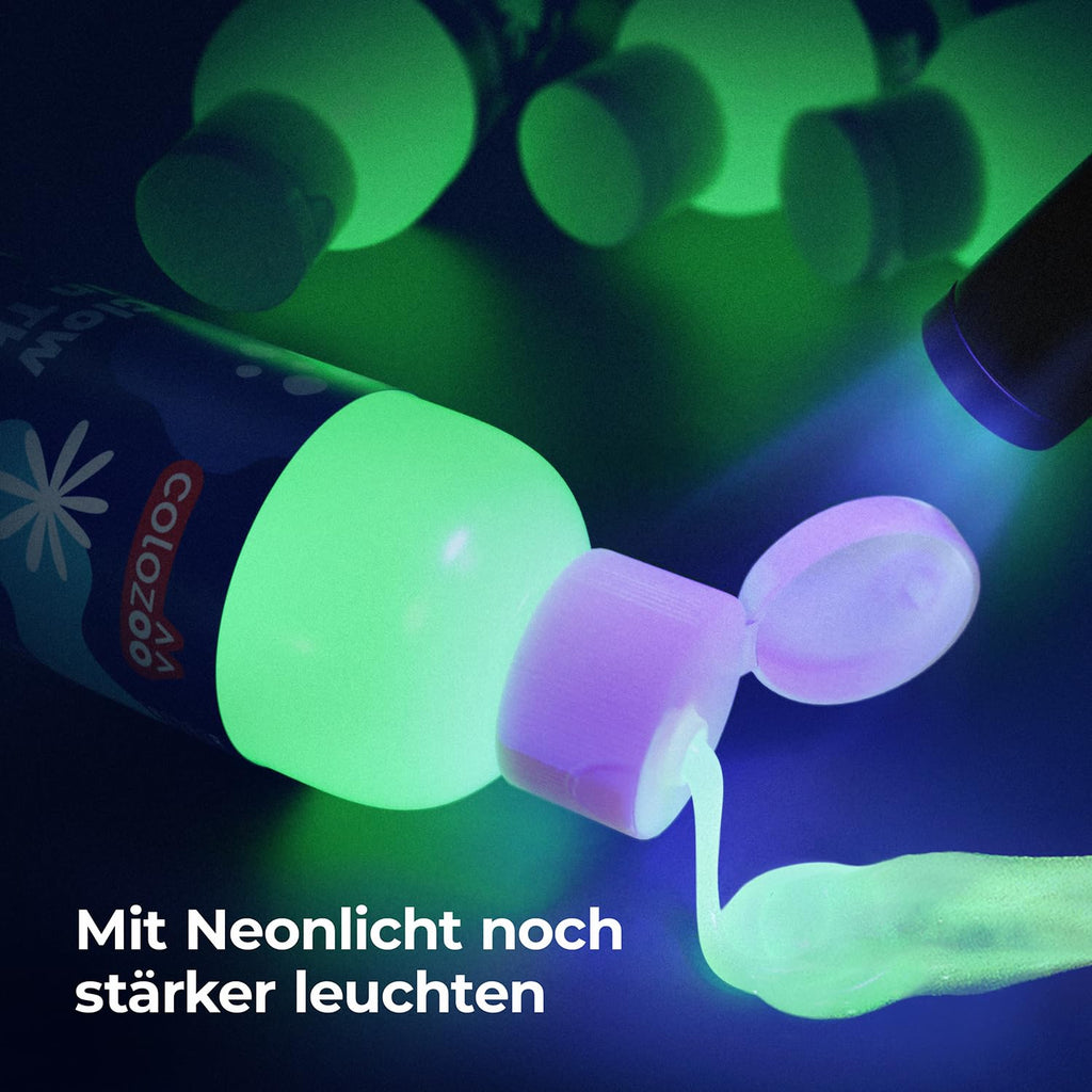 Glow in the Dark Acryl Farben Set | 8x20ml Fluoreszierende Farbe + 3 Pinsel | Die Nachtleuchtend Acrylfarben sind Dauerhaft auf jede Oberflächen