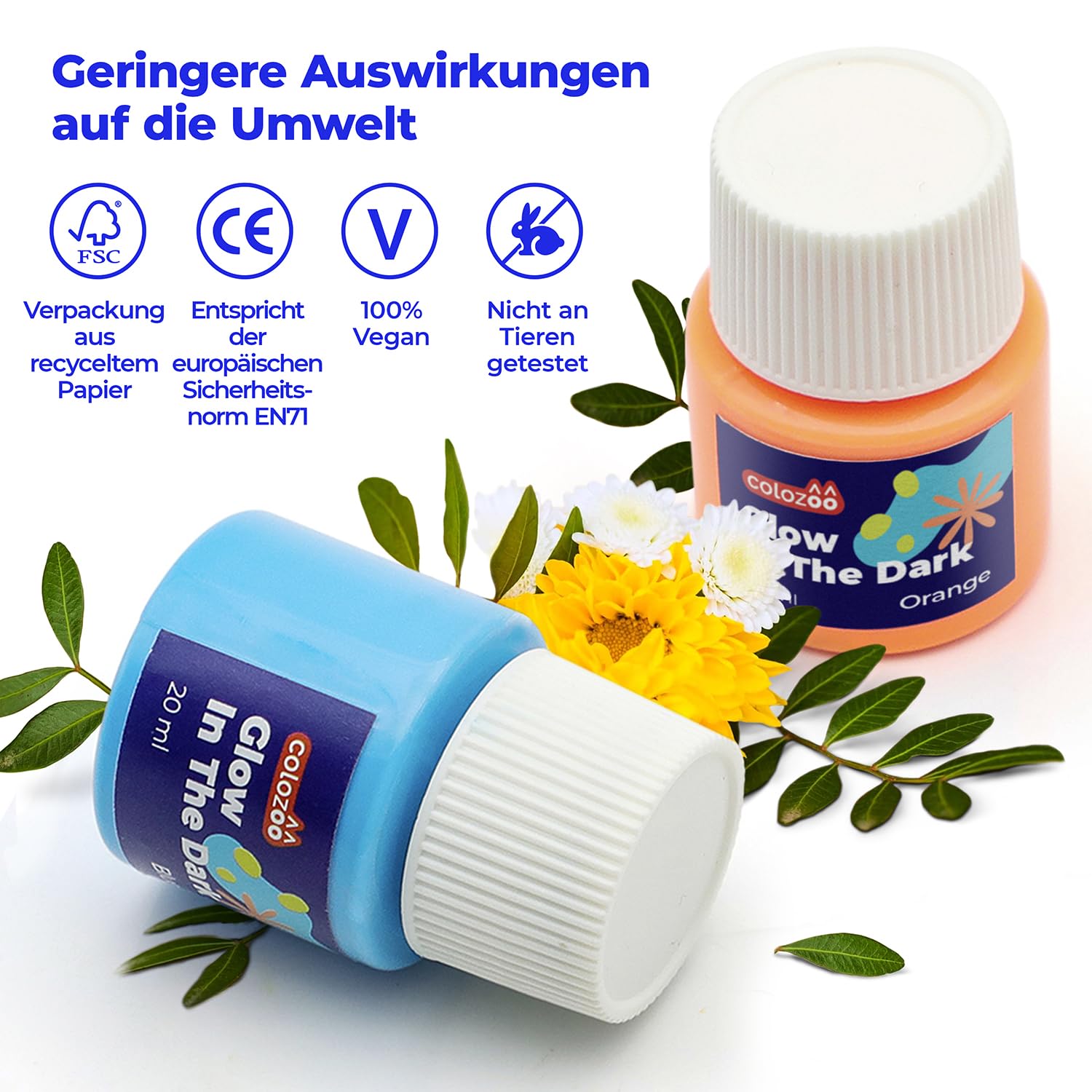 Glow in the Dark Acryl Farben Set | 8x20ml Fluoreszierende Farbe + 3 Pinsel | Die Nachtleuchtend Acrylfarben sind Dauerhaft auf jede Oberflächen