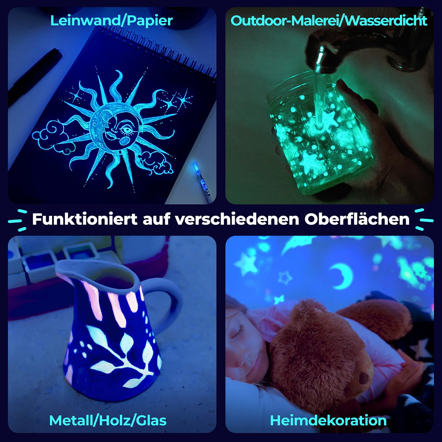 Glow in the Dark Acryl Farben Set | 8x20ml Fluoreszierende Farbe + 3 Pinsel | Die Nachtleuchtend Acrylfarben sind Dauerhaft auf jede Oberflächen