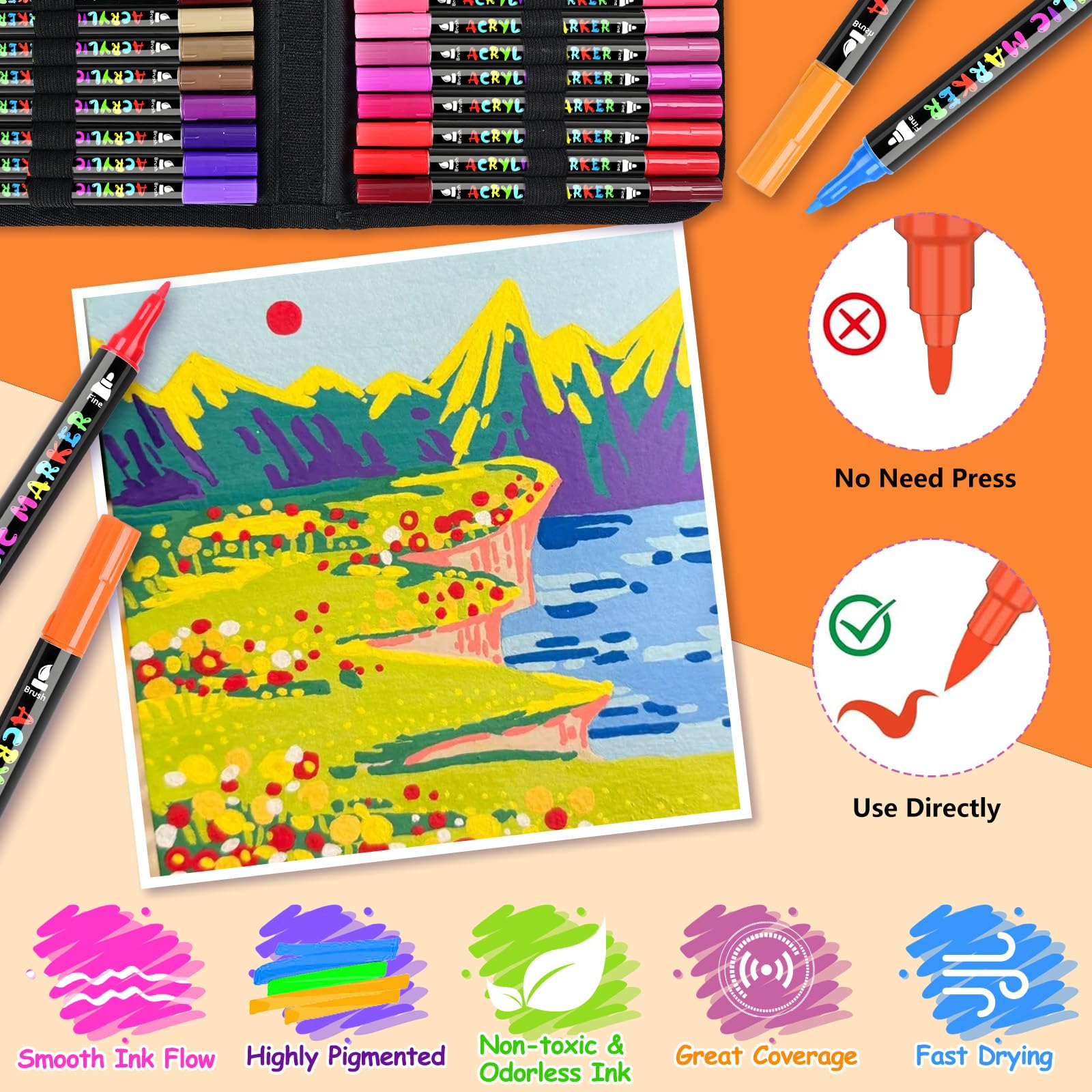 IVSUN 60 Farben Acrylstifte für Steine Wasserfest - Acrylmarker mit feine Spitze und Pinsel für Steine Bemalen Holz Leinwand Keramik Glas, 1-5mm Multimarker Acrylfarben Stifte Set