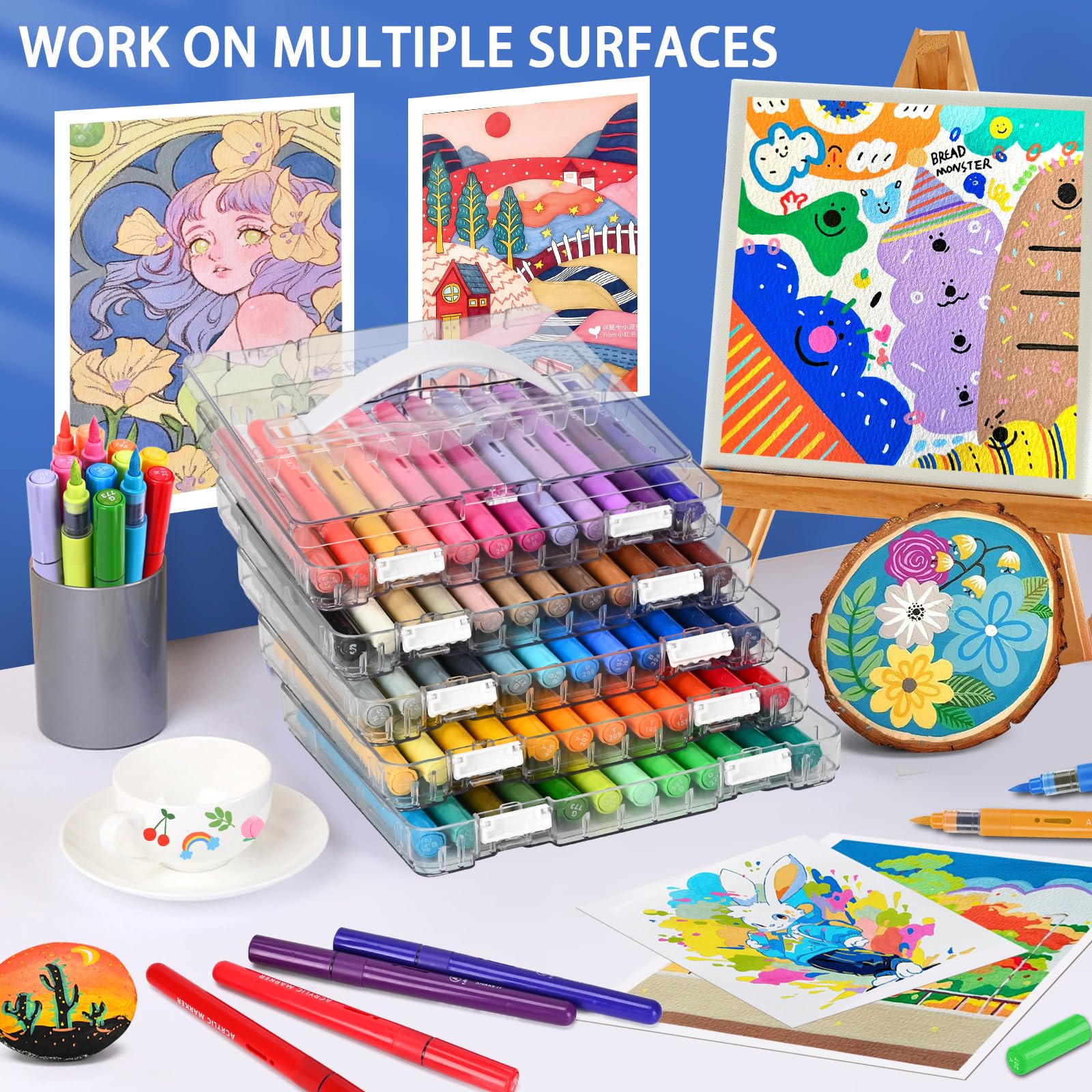 IVSUN 60 Farben Acrylstifte für Steine Wasserfest - Acrylmarker mit feine Spitze und Pinsel für Steine Bemalen Holz Leinwand Keramik Glas, 1-5mm Multimarker Acrylfarben Stifte Set