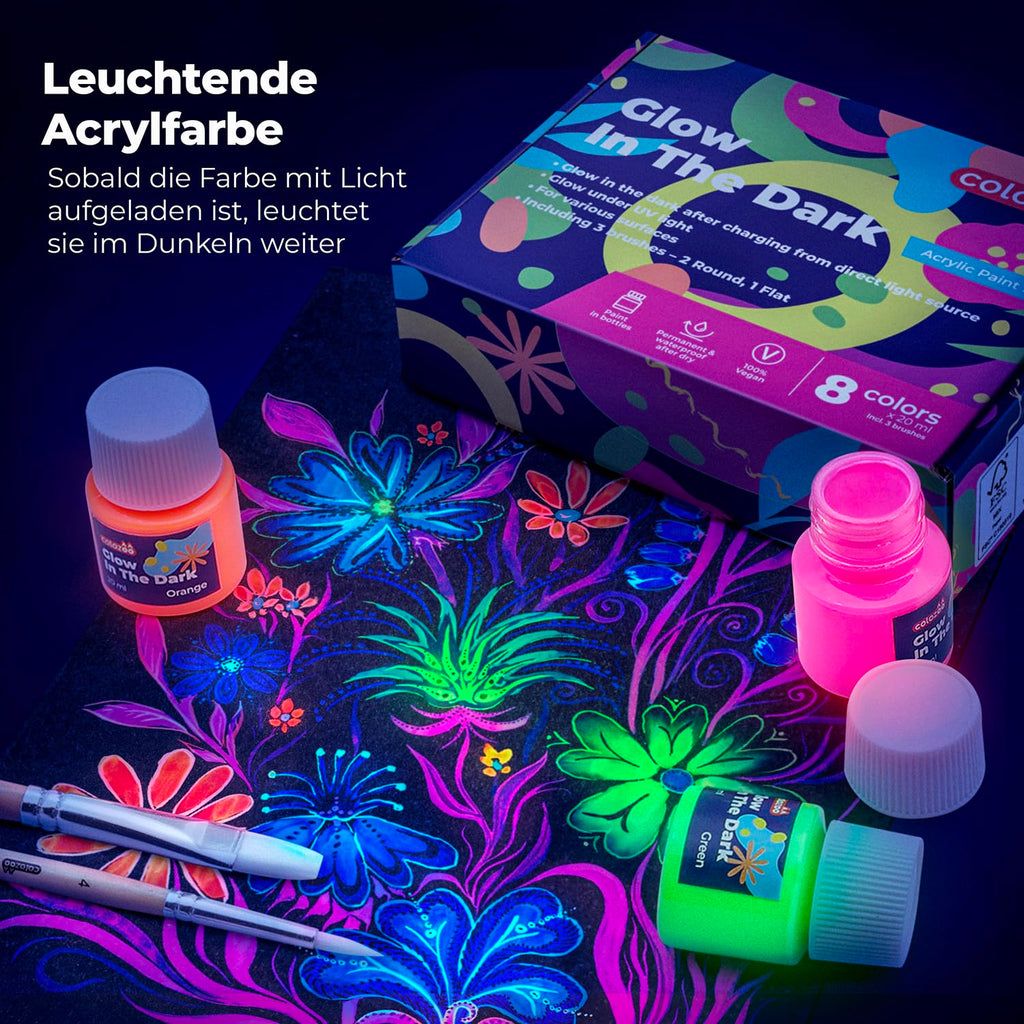 Glow in the Dark Acryl Farben Set | 8x20ml Fluoreszierende Farbe + 3 Pinsel | Die Nachtleuchtend Acrylfarben sind Dauerhaft auf jede Oberflächen