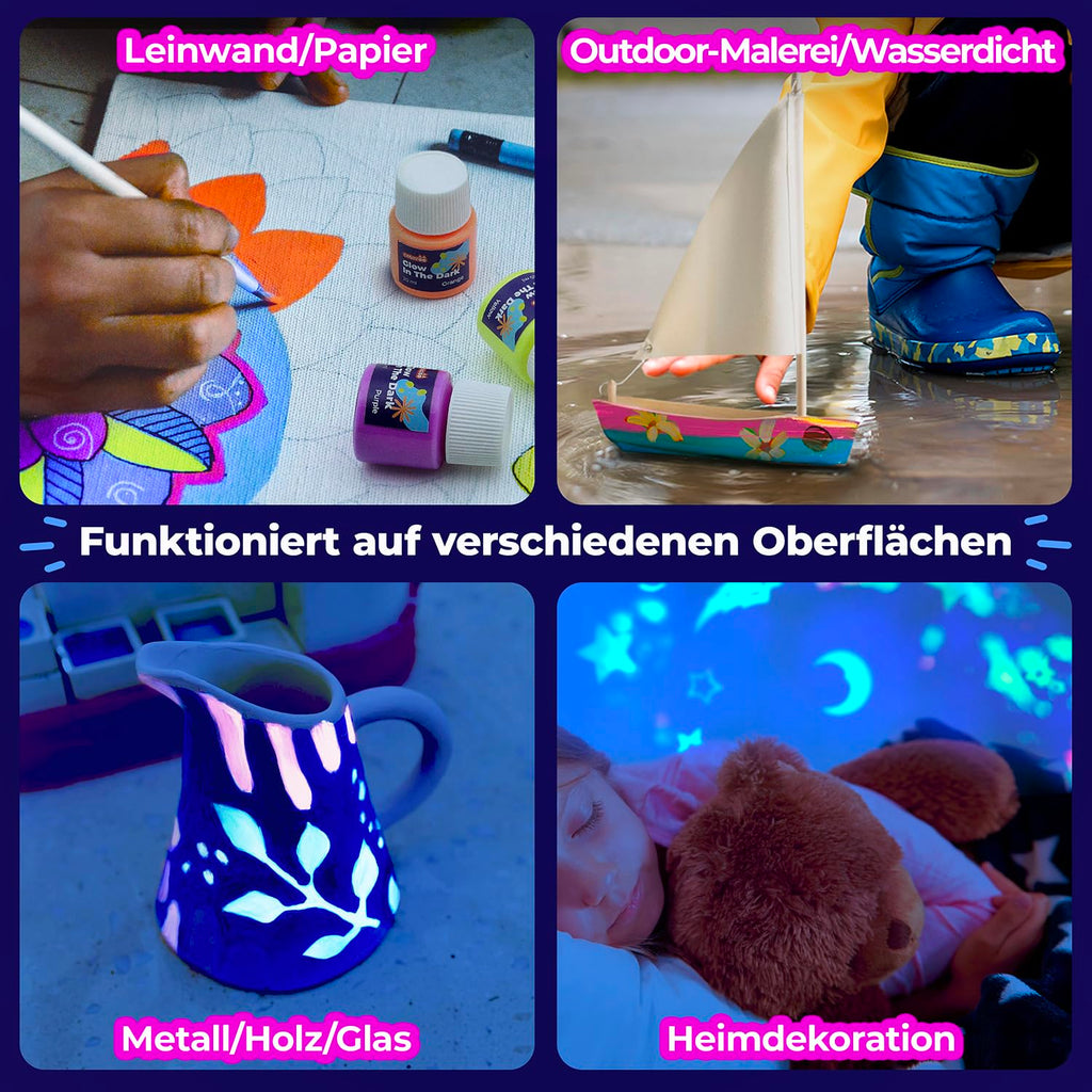 Glow in the Dark Acryl Farben Set | 8x20ml Fluoreszierende Farbe + 3 Pinsel | Die Nachtleuchtend Acrylfarben sind Dauerhaft auf jede Oberflächen