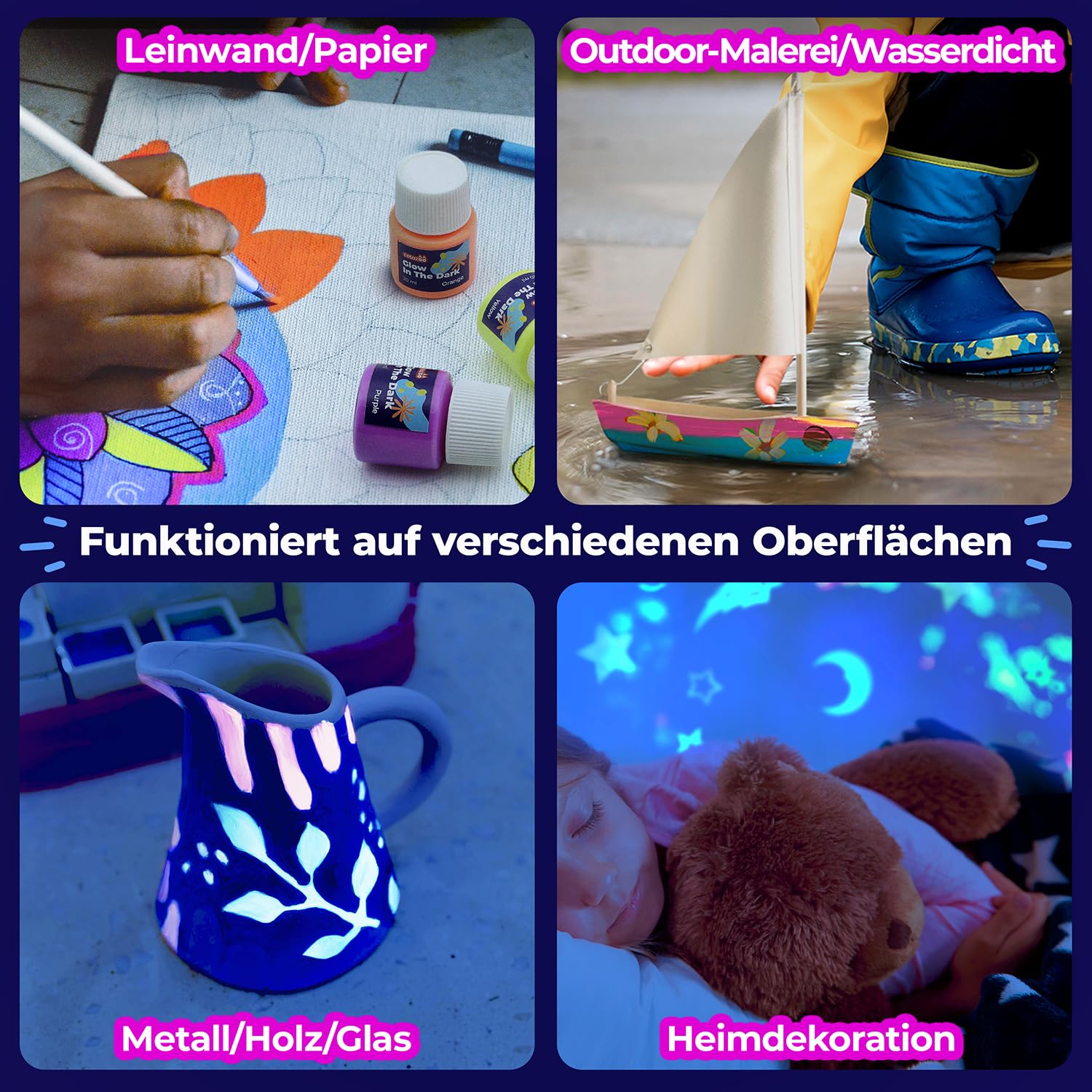 Glow in the Dark Acryl Farben Set | 8x20ml Fluoreszierende Farbe + 3 Pinsel | Die Nachtleuchtend Acrylfarben sind Dauerhaft auf jede Oberflächen