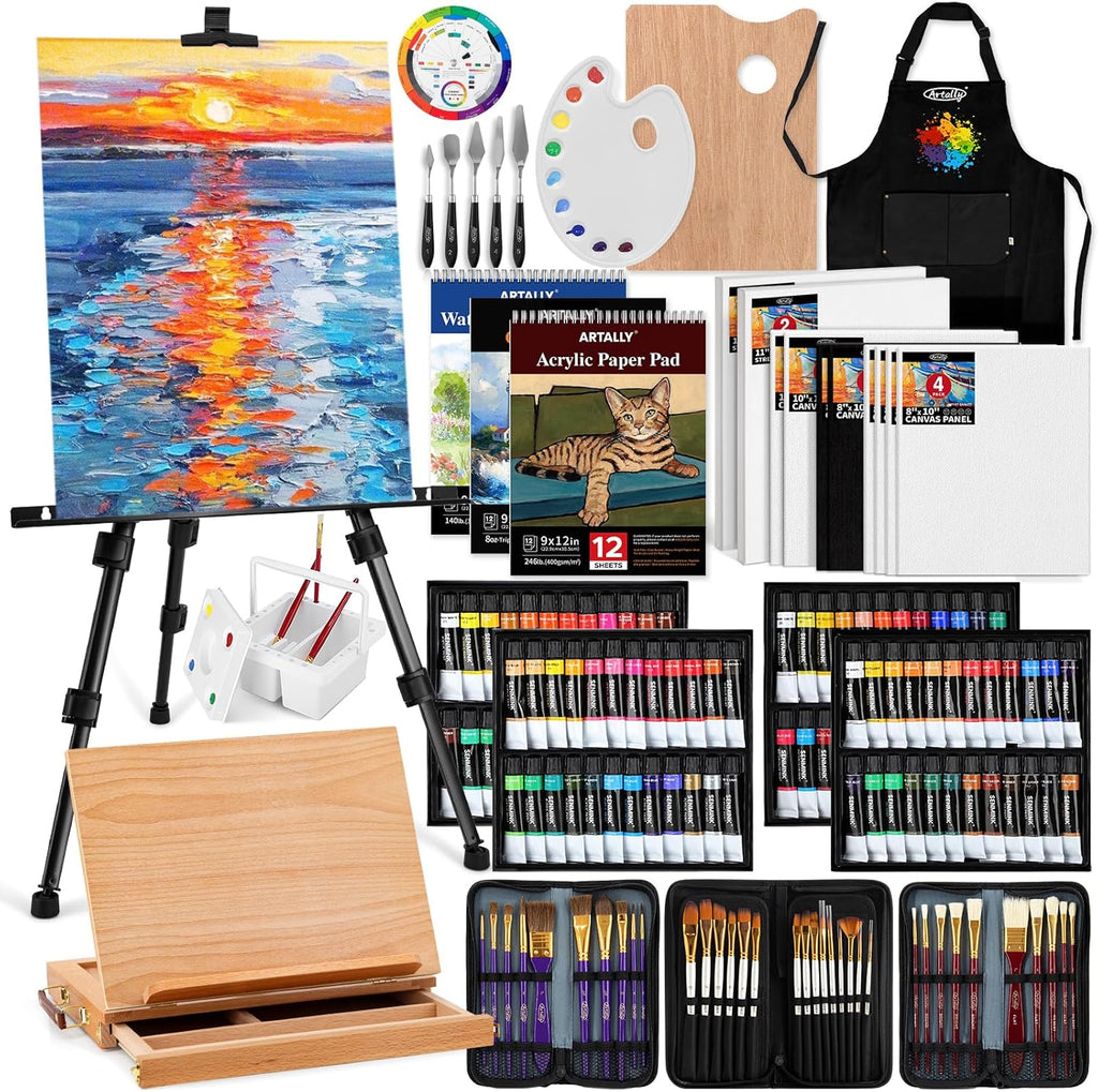 Professionelles 187-teiliges All-in-One-Malset mit Staffelei aus Aluminium und Buchenholz, 96 Acryl-, Aquarell- und Ölfarben, komplettes Malset für Erwachsene, Künstler und Anfänger